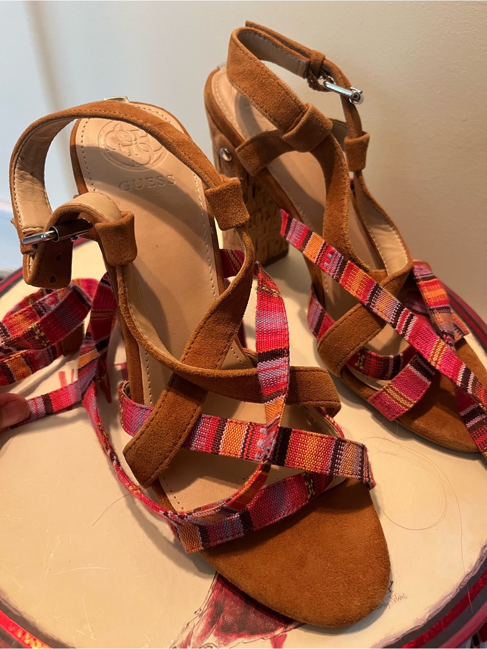 GUESS Tan Suede Wedge Sandals with Pink & Orange Woven Straps